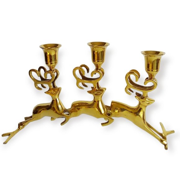 Vtg Brass Candelabra 3 Prancing Reindeer Taper Candle Holder Christmas Gold Tone